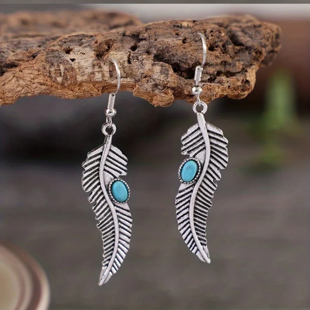 Turquoise Decor Feather Dangle Drop Earrings Vint… - image 3